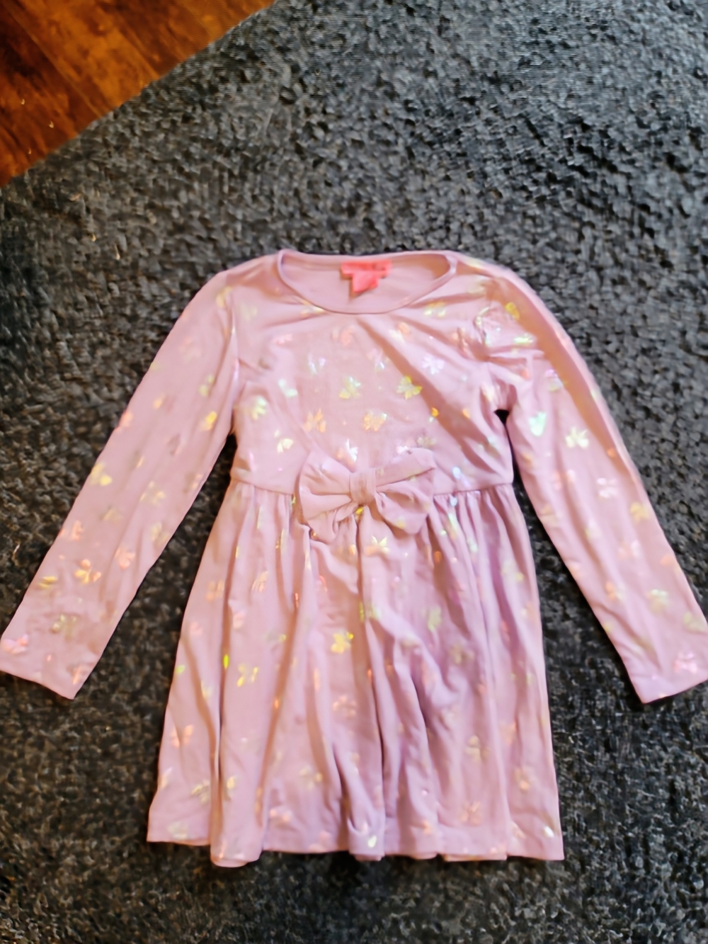 Girls Long Sleeve Pink Bow Dress with Gold Heart Accents